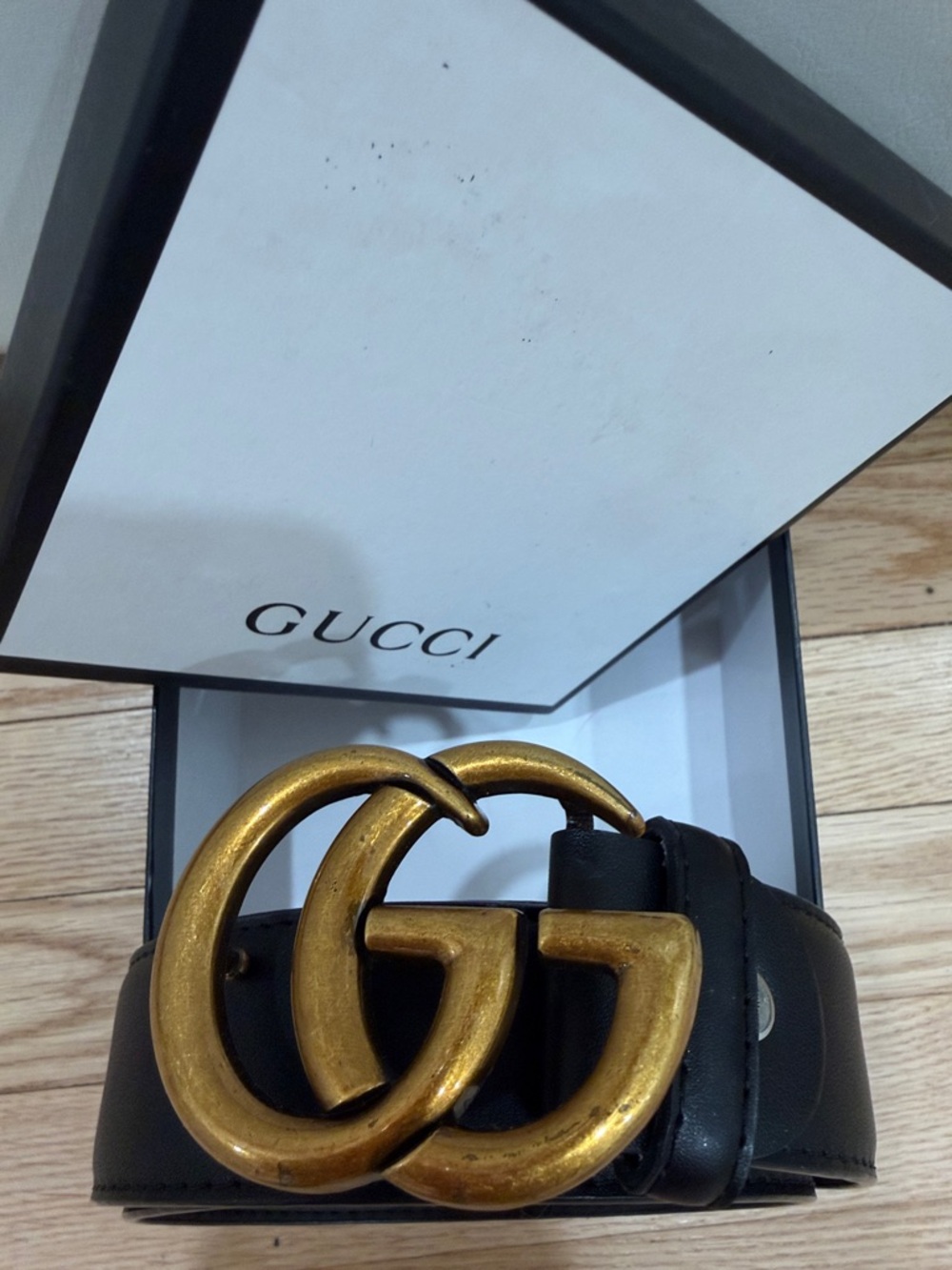Gucci Black Leather Belt with Brass Double G Buckle